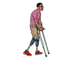 Image showing legless african veteran with a bionic prosthesis with crutches. a disabled man learns to walk after an injury. rehabilitation treatment and recovery