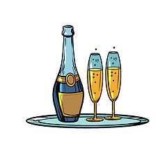 Image showing A bottle of champagne with glasses on a tray. Celebration