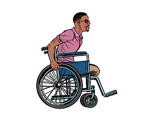 Image showing legless african man disabled veteran in a wheelchair