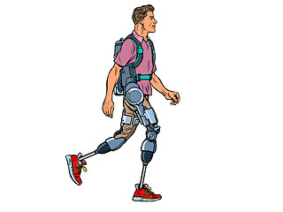 Image showing exoskeleton for the disabled. A man legless veteran walks. rehabilitation treatment recovery. science and technology