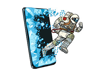 Image showing Scientific online applications concept. Astronaut runs through a smartphone