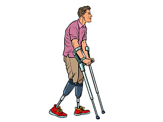 Image showing legless veteran with a bionic prosthesis with crutches. a disabled man learns to walk after an injury. rehabilitation treatment and recovery