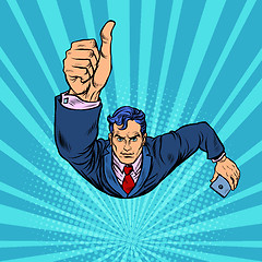 Image showing A businessman with a smartphone like, thumbs up. Flying like a superhero