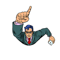 Image showing A businessman with a smartphone index finger up. Flying like a superhero