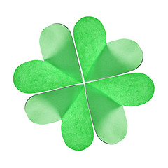 Image showing Handmade paper green clover\'s leaf with four petals.