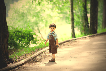 Image showing little boy in an old park. Summer walk