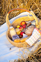 Image showing Basket full of apples, bread and milk