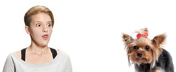 Image showing Woman with her dog over white background