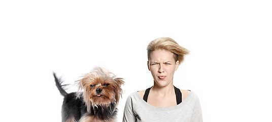 Image showing Woman with her dog on leash over white background