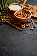 Image showing Close up of Almonds in wooden bowl and almond milk