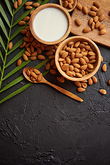 Image showing Close up of Almonds in wooden bowl and almond milk