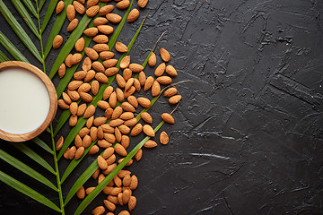 Image showing Composition of almonds seeds and milk, placed on black stone background.