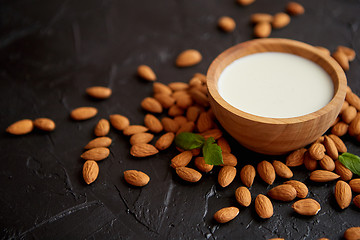 Image showing Amond seeds with bowl of fresh natural milk placed on black stone background