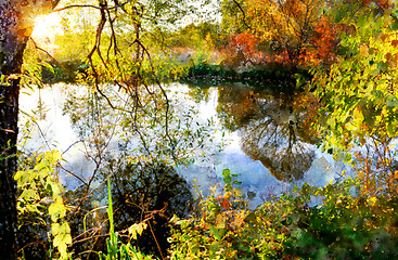 Image showing Colorful autumn sunset on the river. Stylization in watercolor d