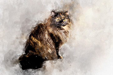Image showing Fluffy black-haired cat sitting and looking sadly . Stylization in watercolor drawing.