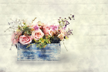 Image showing beautiful bouquet of roses in wooden box. Stylization in watercolor drawing.