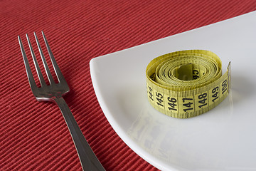 Image showing Fork, plate and a measure tape