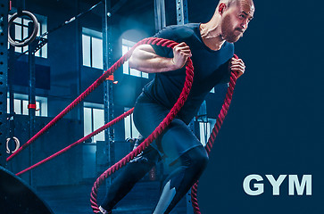 Image showing Men with battle rope battle ropes exercise in the fitness gym.