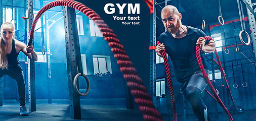 Image showing Men with battle rope battle ropes exercise in the fitness gym.