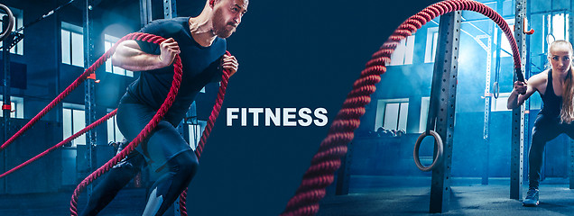 Image showing Men with battle rope battle ropes exercise in the fitness gym.