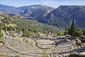 Image showing Ruins of the ancient theatre and Temple of Apollo at Delphi, Greece