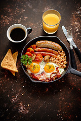 Image showing Delicious english breakfast in iron cooking pan