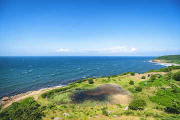 Image showing Green area by the blue sea with waves