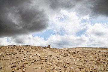 Image showing Bricks in a dry desert in cloudy weather