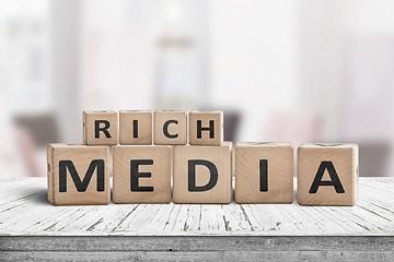 Image showing Rich media word sign on a wooden desk