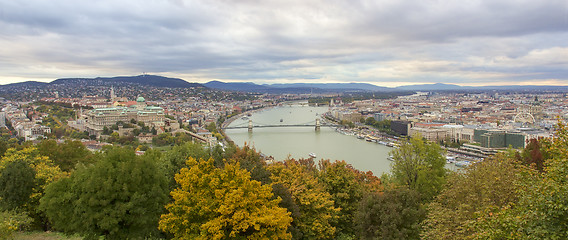 Image showing Panoramic view from Gellert Hill on landmarks of Budapest at aut