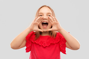 Image showing beautiful girl calling for someone or shouting