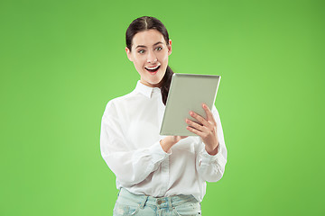 Image showing Businesswoman with laptop. Love to computer concept.