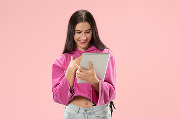 Image showing Businesswoman with laptop. Love to computer concept.