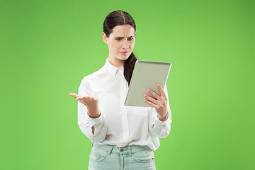 Image showing Businesswoman with laptop. Love to computer concept.