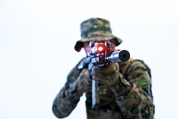 Image showing soldier in action aiming laseer sight optics