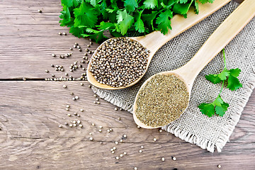 Image showing Coriander ground and seeds in two spoons on board top