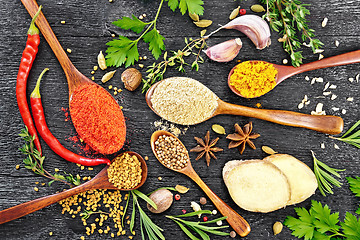 Image showing Spices in spoons on black board top