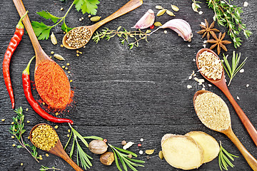 Image showing Frame of spices and herbs on black board top