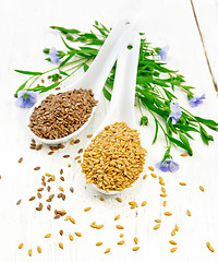 Image showing Flaxen white and brown in two spoons on white table