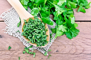 Image showing Cilantro dried in spoon on old board top