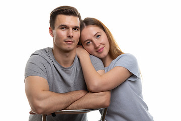 Image showing Portrait of a young couple of Europeans, white background