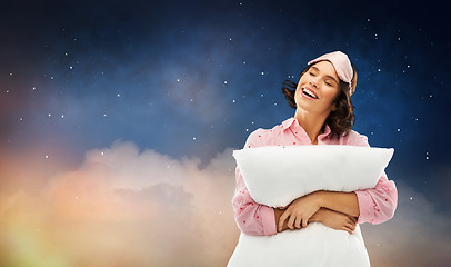 Image showing woman with pillow in pajama and eye sleeping mask