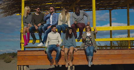 Image showing Group of friends having fun on autumn day at beach