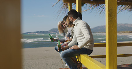 Image showing Group of friends having fun on autumn day at beach