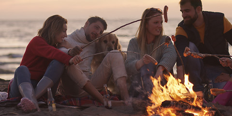 Image showing Group Of Young Friends Sitting By The Fire at beach