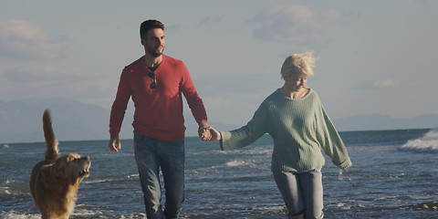 Image showing couple with dog having fun on beach on autmun day