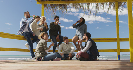 Image showing Group of friends having fun on autumn day at beach