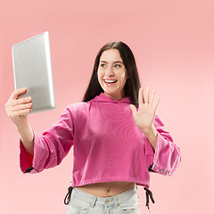 Image showing Businesswoman with laptop. Love to computer concept.