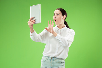 Image showing Businesswoman with laptop. Love to computer concept.