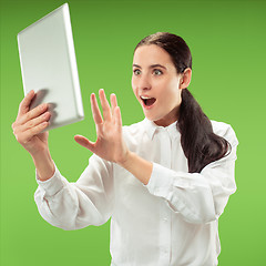 Image showing Businesswoman with laptop. Love to computer concept.